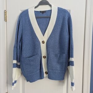 Cozy Blue and White Button-Up Cardigan